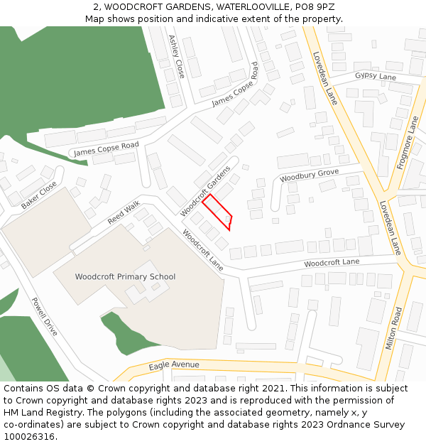 2, WOODCROFT GARDENS, WATERLOOVILLE, PO8 9PZ: Location map and indicative extent of plot