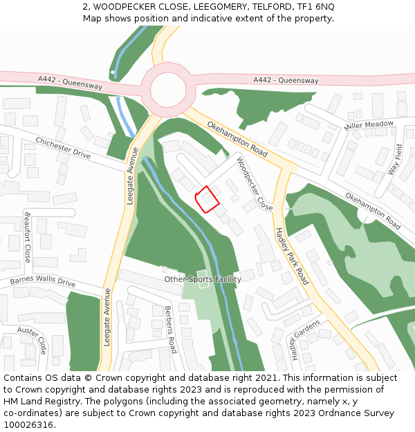 2, WOODPECKER CLOSE, LEEGOMERY, TELFORD, TF1 6NQ: Location map and indicative extent of plot