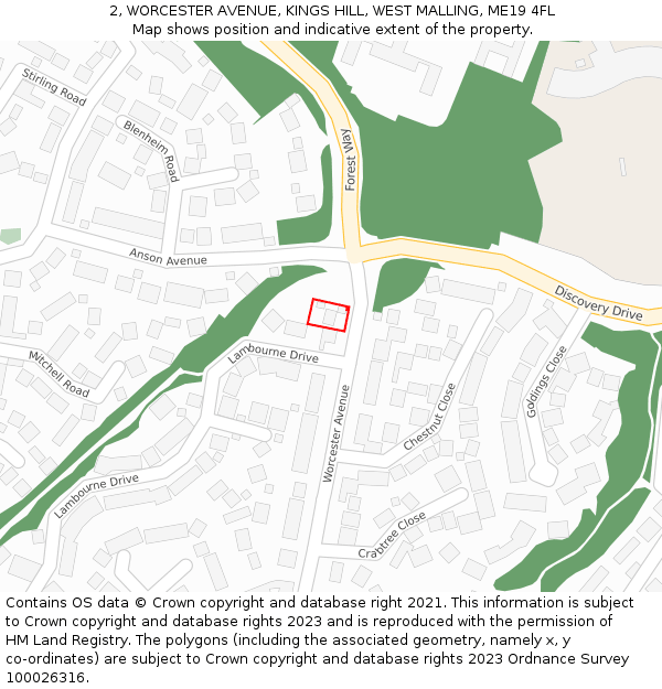 2, WORCESTER AVENUE, KINGS HILL, WEST MALLING, ME19 4FL: Location map and indicative extent of plot