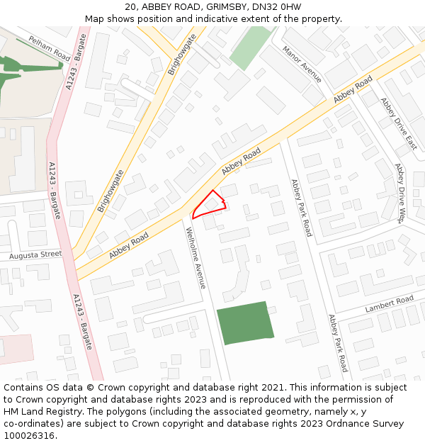 20, ABBEY ROAD, GRIMSBY, DN32 0HW: Location map and indicative extent of plot