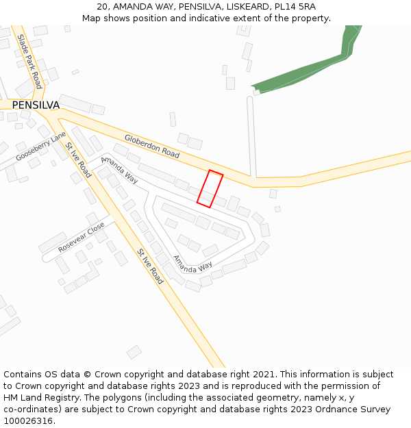 20, AMANDA WAY, PENSILVA, LISKEARD, PL14 5RA: Location map and indicative extent of plot