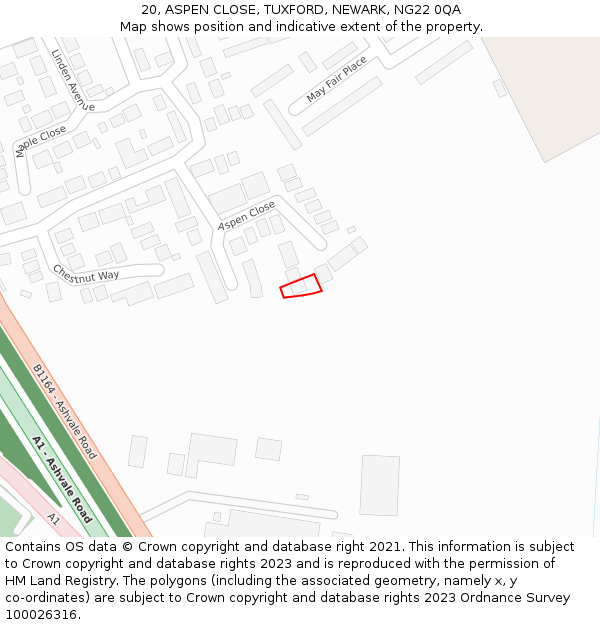 20, ASPEN CLOSE, TUXFORD, NEWARK, NG22 0QA: Location map and indicative extent of plot