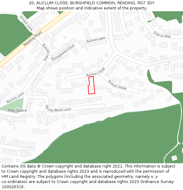 20, AUCLUM CLOSE, BURGHFIELD COMMON, READING, RG7 3DY: Location map and indicative extent of plot