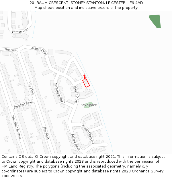 20, BAUM CRESCENT, STONEY STANTON, LEICESTER, LE9 4AD: Location map and indicative extent of plot