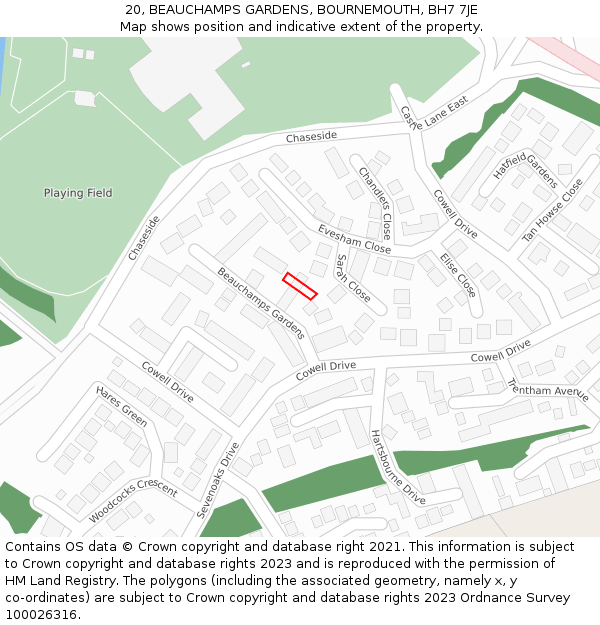 20, BEAUCHAMPS GARDENS, BOURNEMOUTH, BH7 7JE: Location map and indicative extent of plot