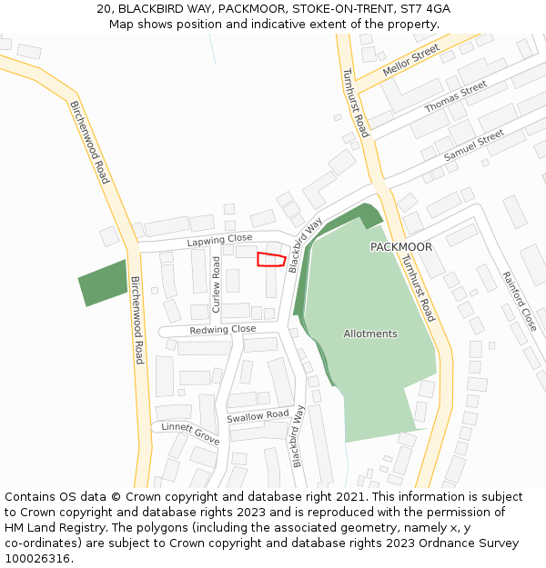 20, BLACKBIRD WAY, PACKMOOR, STOKE-ON-TRENT, ST7 4GA: Location map and indicative extent of plot