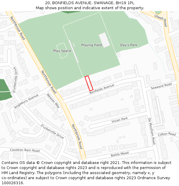 20, BONFIELDS AVENUE, SWANAGE, BH19 1PL: Location map and indicative extent of plot