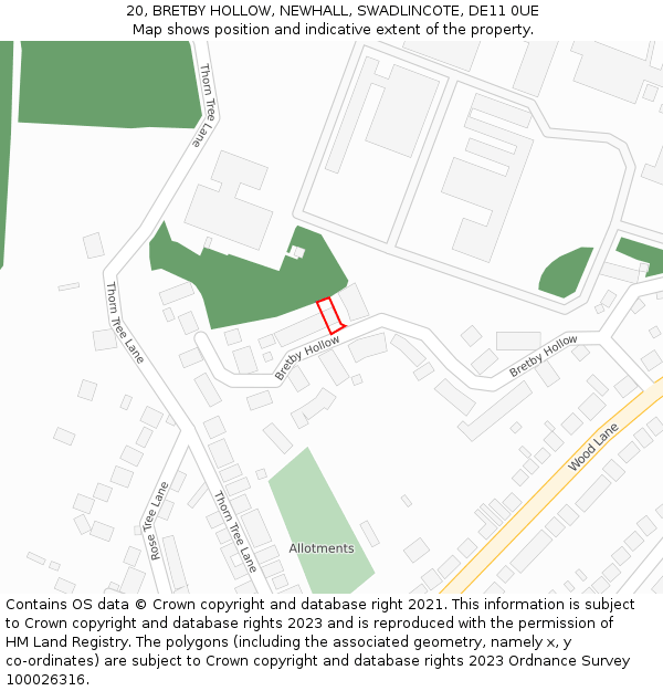 20, BRETBY HOLLOW, NEWHALL, SWADLINCOTE, DE11 0UE: Location map and indicative extent of plot