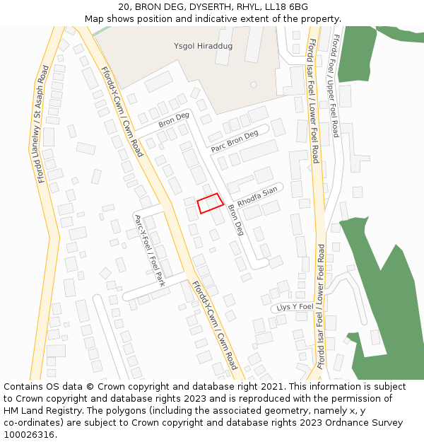 20, BRON DEG, DYSERTH, RHYL, LL18 6BG: Location map and indicative extent of plot