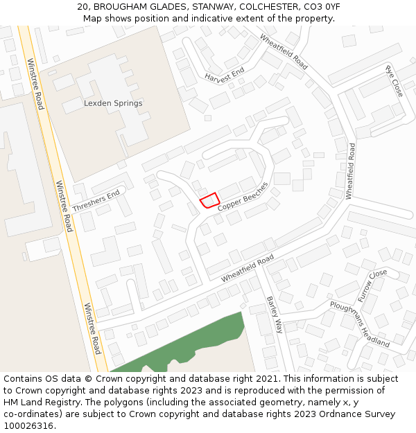 20, BROUGHAM GLADES, STANWAY, COLCHESTER, CO3 0YF: Location map and indicative extent of plot