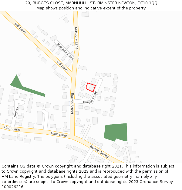 20, BURGES CLOSE, MARNHULL, STURMINSTER NEWTON, DT10 1QQ: Location map and indicative extent of plot