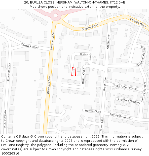 20, BURLEA CLOSE, HERSHAM, WALTON-ON-THAMES, KT12 5HB: Location map and indicative extent of plot