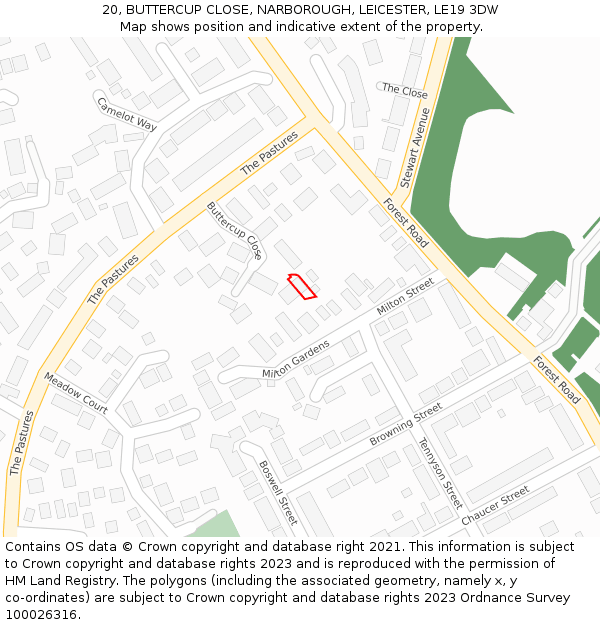 20, BUTTERCUP CLOSE, NARBOROUGH, LEICESTER, LE19 3DW: Location map and indicative extent of plot