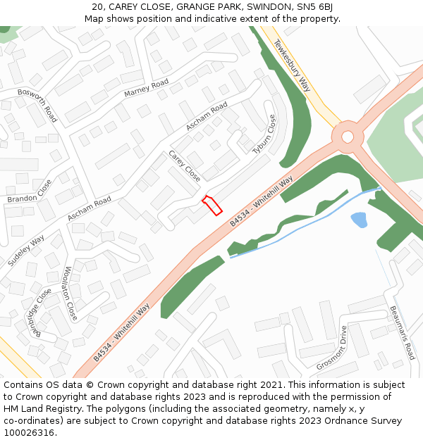 20, CAREY CLOSE, GRANGE PARK, SWINDON, SN5 6BJ: Location map and indicative extent of plot