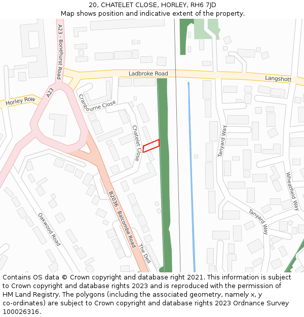 20, CHATELET CLOSE, HORLEY, RH6 7JD: Location map and indicative extent of plot