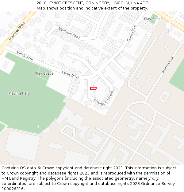 20, CHEVIOT CRESCENT, CONINGSBY, LINCOLN, LN4 4DB: Location map and indicative extent of plot