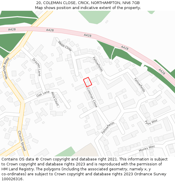 20, COLEMAN CLOSE, CRICK, NORTHAMPTON, NN6 7GB: Location map and indicative extent of plot