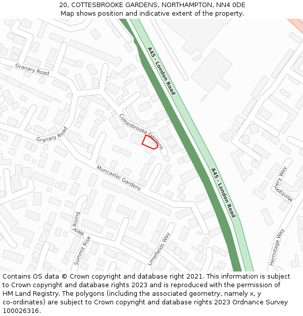 20, COTTESBROOKE GARDENS, NORTHAMPTON, NN4 0DE: Location map and indicative extent of plot