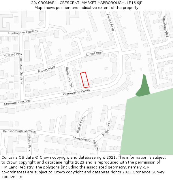 20, CROMWELL CRESCENT, MARKET HARBOROUGH, LE16 9JP: Location map and indicative extent of plot