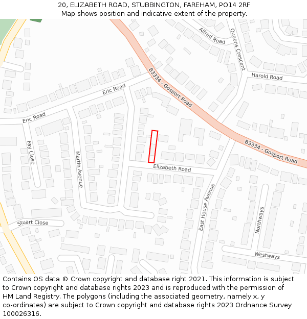 20, ELIZABETH ROAD, STUBBINGTON, FAREHAM, PO14 2RF: Location map and indicative extent of plot