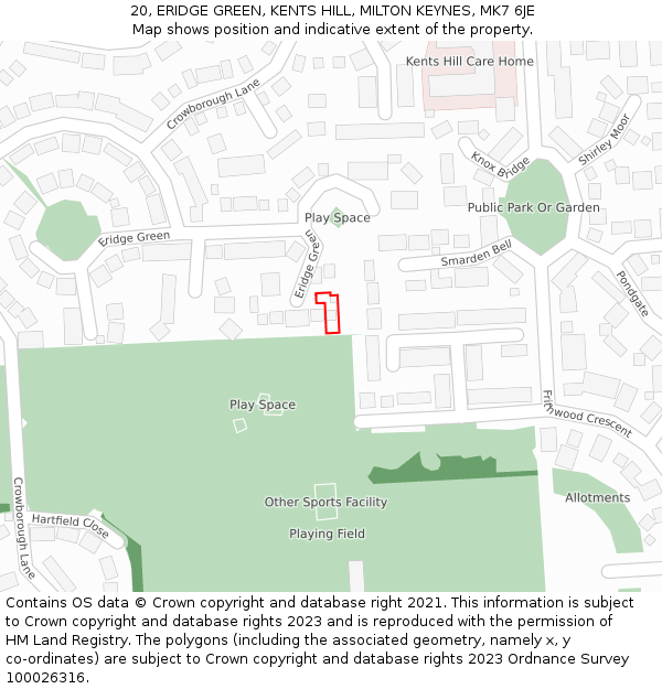 20, ERIDGE GREEN, KENTS HILL, MILTON KEYNES, MK7 6JE: Location map and indicative extent of plot