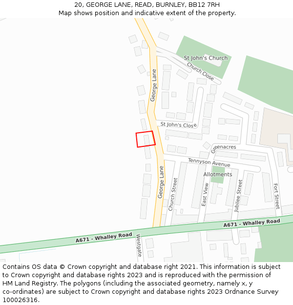 20, GEORGE LANE, READ, BURNLEY, BB12 7RH: Location map and indicative extent of plot