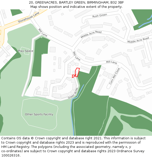 20, GREENACRES, BARTLEY GREEN, BIRMINGHAM, B32 3BF: Location map and indicative extent of plot