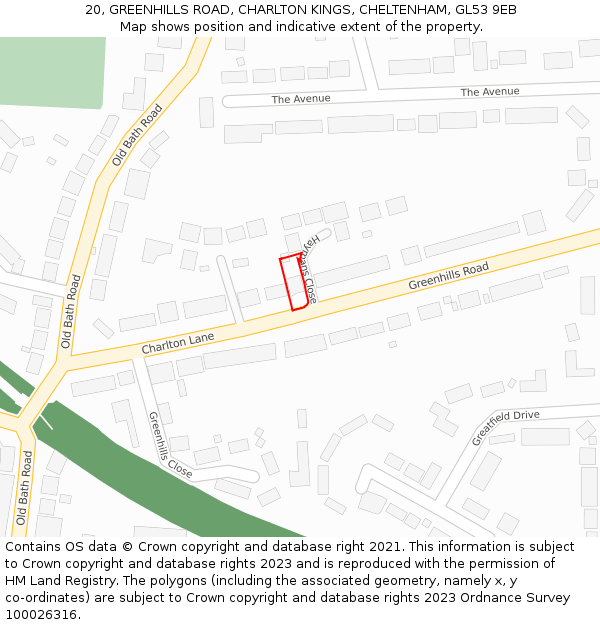 20, GREENHILLS ROAD, CHARLTON KINGS, CHELTENHAM, GL53 9EB: Location map and indicative extent of plot