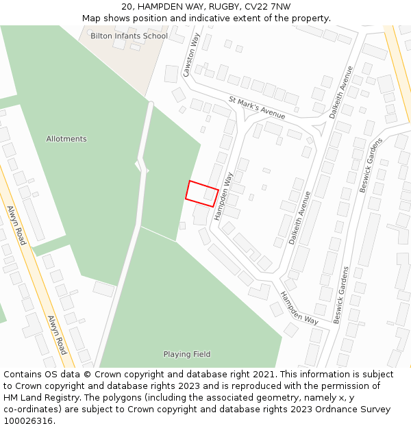 20, HAMPDEN WAY, RUGBY, CV22 7NW: Location map and indicative extent of plot