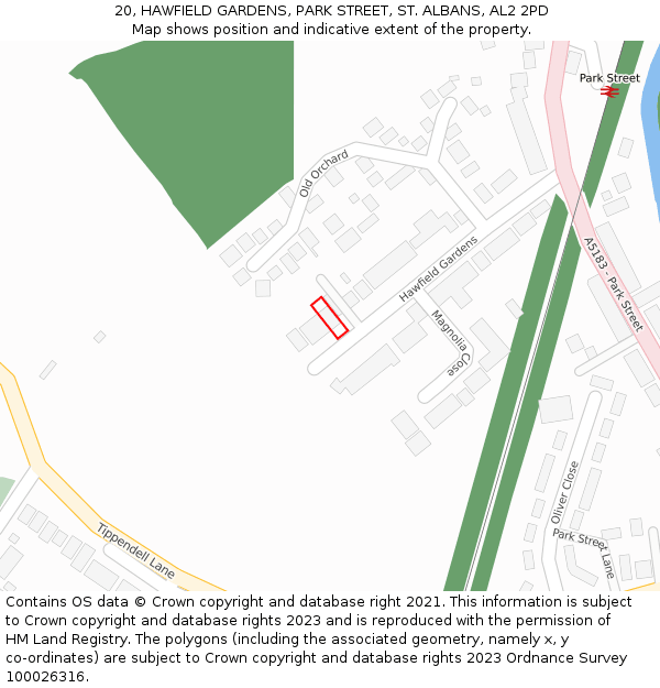 20, HAWFIELD GARDENS, PARK STREET, ST. ALBANS, AL2 2PD: Location map and indicative extent of plot