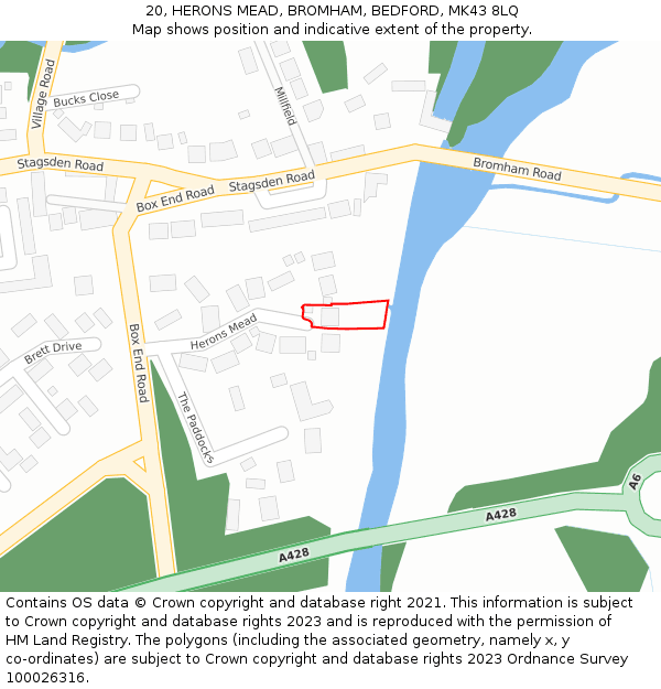 20, HERONS MEAD, BROMHAM, BEDFORD, MK43 8LQ: Location map and indicative extent of plot