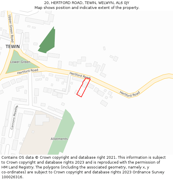 20, HERTFORD ROAD, TEWIN, WELWYN, AL6 0JY: Location map and indicative extent of plot