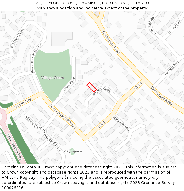 20, HEYFORD CLOSE, HAWKINGE, FOLKESTONE, CT18 7FQ: Location map and indicative extent of plot