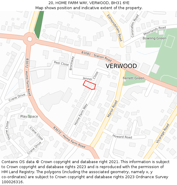 20, HOME FARM WAY, VERWOOD, BH31 6YE: Location map and indicative extent of plot