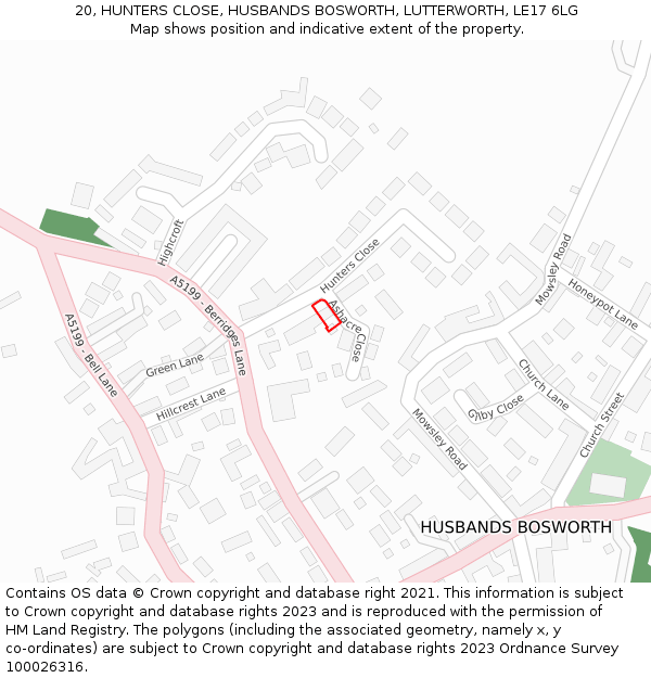 20, HUNTERS CLOSE, HUSBANDS BOSWORTH, LUTTERWORTH, LE17 6LG: Location map and indicative extent of plot