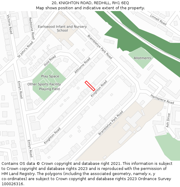 20, KNIGHTON ROAD, REDHILL, RH1 6EQ: Location map and indicative extent of plot