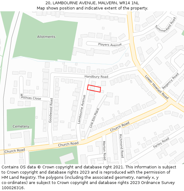 20, LAMBOURNE AVENUE, MALVERN, WR14 1NL: Location map and indicative extent of plot