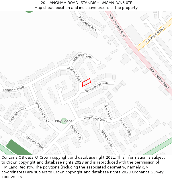 20, LANGHAM ROAD, STANDISH, WIGAN, WN6 0TF: Location map and indicative extent of plot