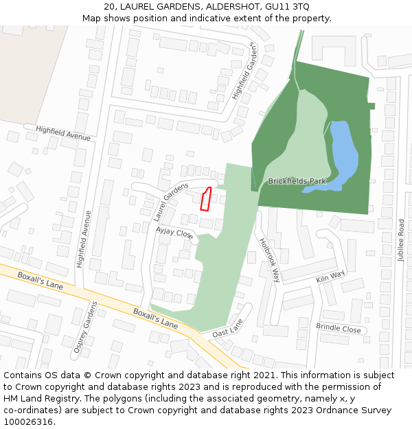 20, LAUREL GARDENS, ALDERSHOT, GU11 3TQ: Location map and indicative extent of plot