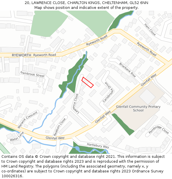 20, LAWRENCE CLOSE, CHARLTON KINGS, CHELTENHAM, GL52 6NN: Location map and indicative extent of plot