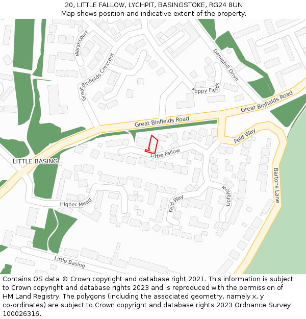 20, LITTLE FALLOW, LYCHPIT, BASINGSTOKE, RG24 8UN: Location map and indicative extent of plot