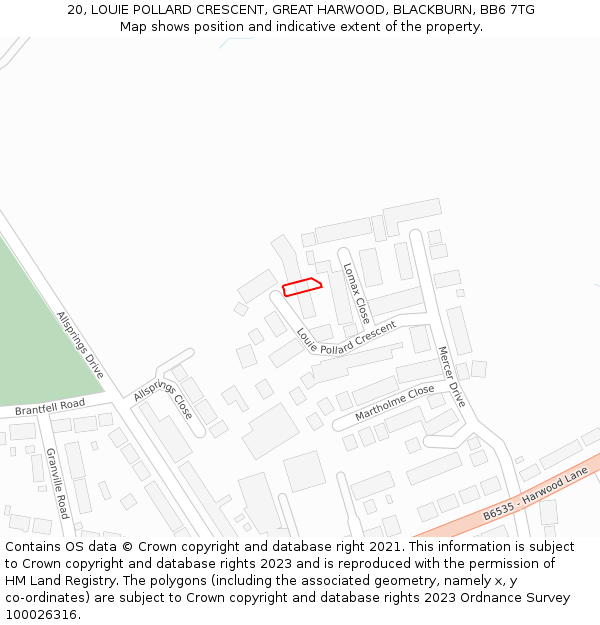 20, LOUIE POLLARD CRESCENT, GREAT HARWOOD, BLACKBURN, BB6 7TG: Location map and indicative extent of plot