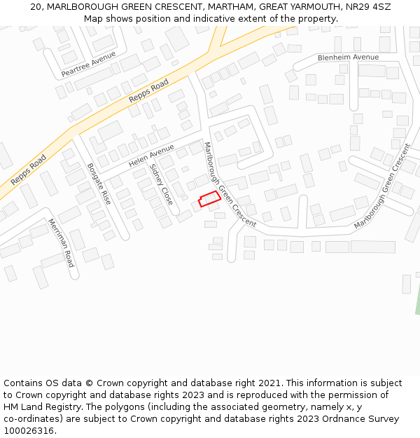 20, MARLBOROUGH GREEN CRESCENT, MARTHAM, GREAT YARMOUTH, NR29 4SZ: Location map and indicative extent of plot