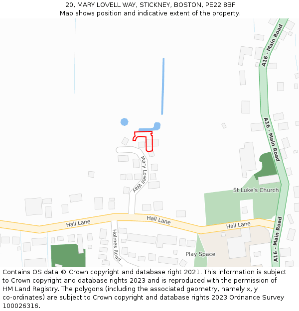 20, MARY LOVELL WAY, STICKNEY, BOSTON, PE22 8BF: Location map and indicative extent of plot