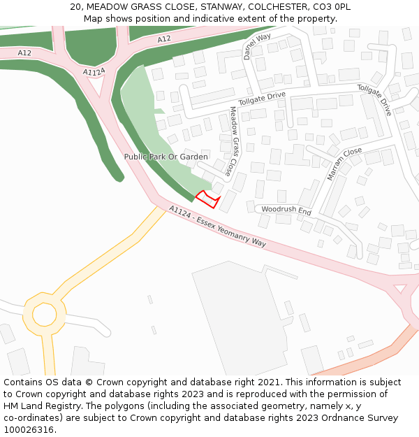 20, MEADOW GRASS CLOSE, STANWAY, COLCHESTER, CO3 0PL: Location map and indicative extent of plot