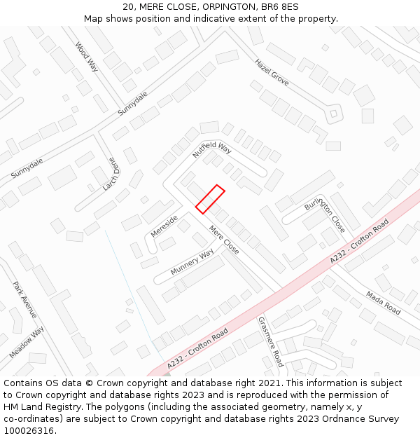 20, MERE CLOSE, ORPINGTON, BR6 8ES: Location map and indicative extent of plot