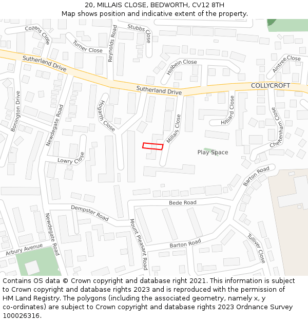 20, MILLAIS CLOSE, BEDWORTH, CV12 8TH: Location map and indicative extent of plot