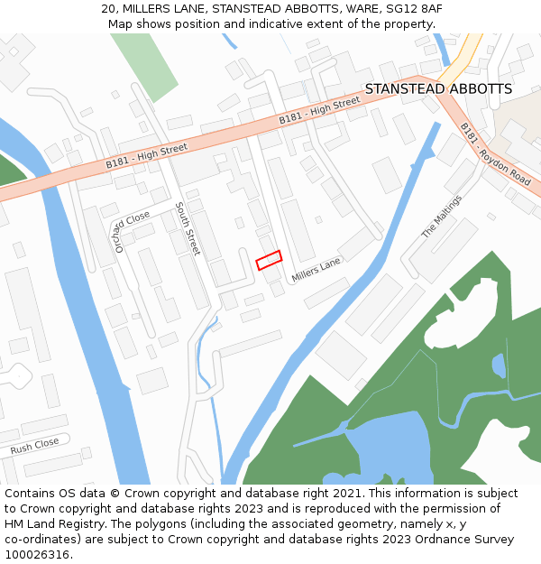 20, MILLERS LANE, STANSTEAD ABBOTTS, WARE, SG12 8AF: Location map and indicative extent of plot