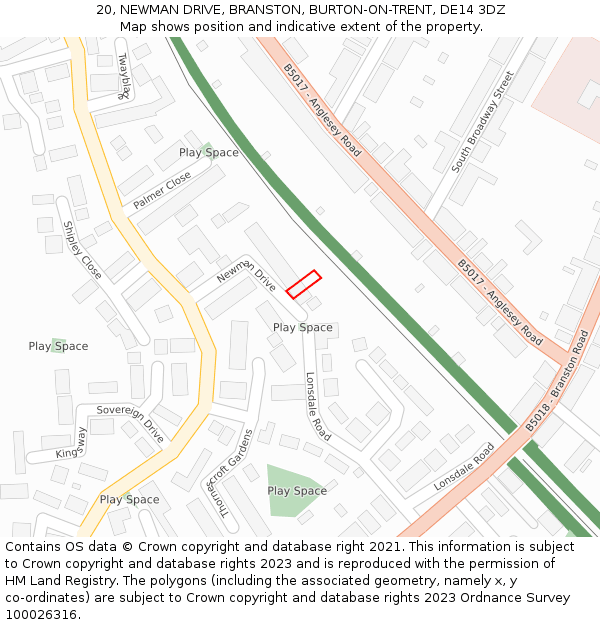 20, NEWMAN DRIVE, BRANSTON, BURTON-ON-TRENT, DE14 3DZ: Location map and indicative extent of plot