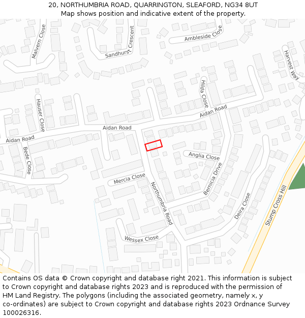 20, NORTHUMBRIA ROAD, QUARRINGTON, SLEAFORD, NG34 8UT: Location map and indicative extent of plot